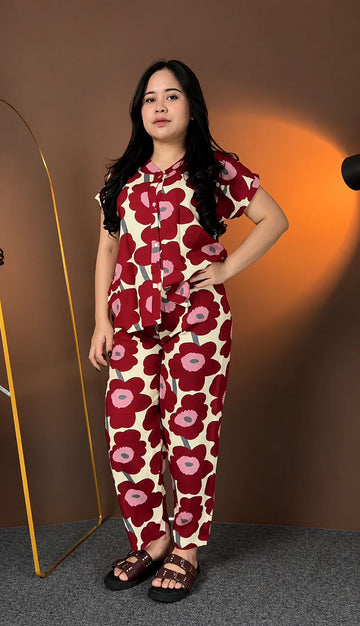 Premium Red Printed Rayon Co-Ord Set